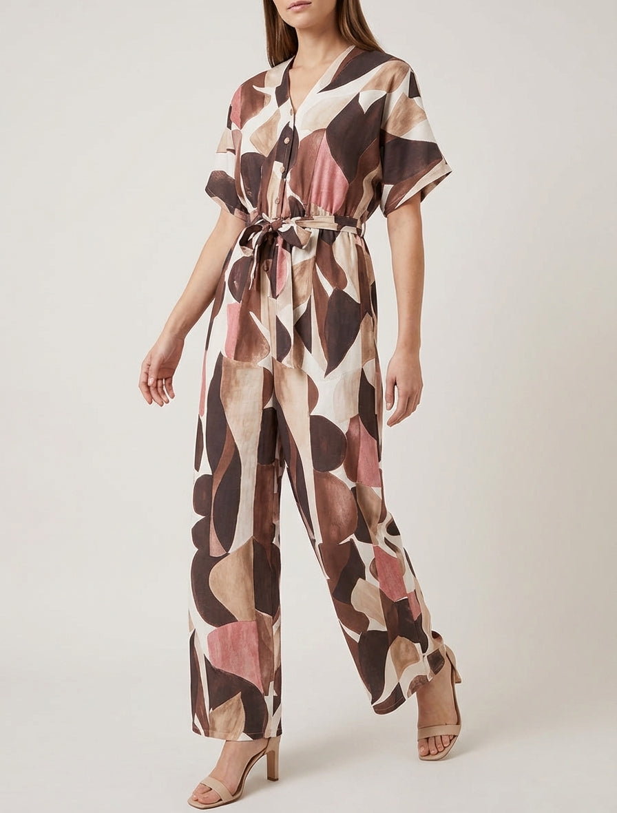 Abstracte print jumpsuit met elastische taille. - Bruin