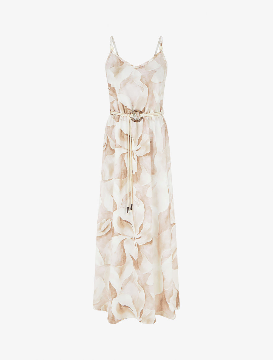 Lange jurk met bloemenprint en elastische taille - Beige