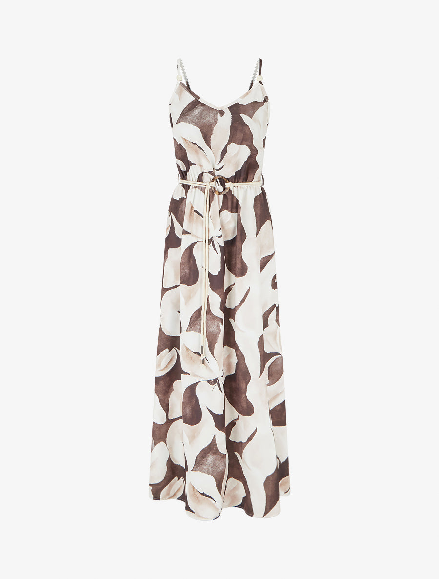 Robe longue imprimé floral à taille élastiquée - Marron - 1