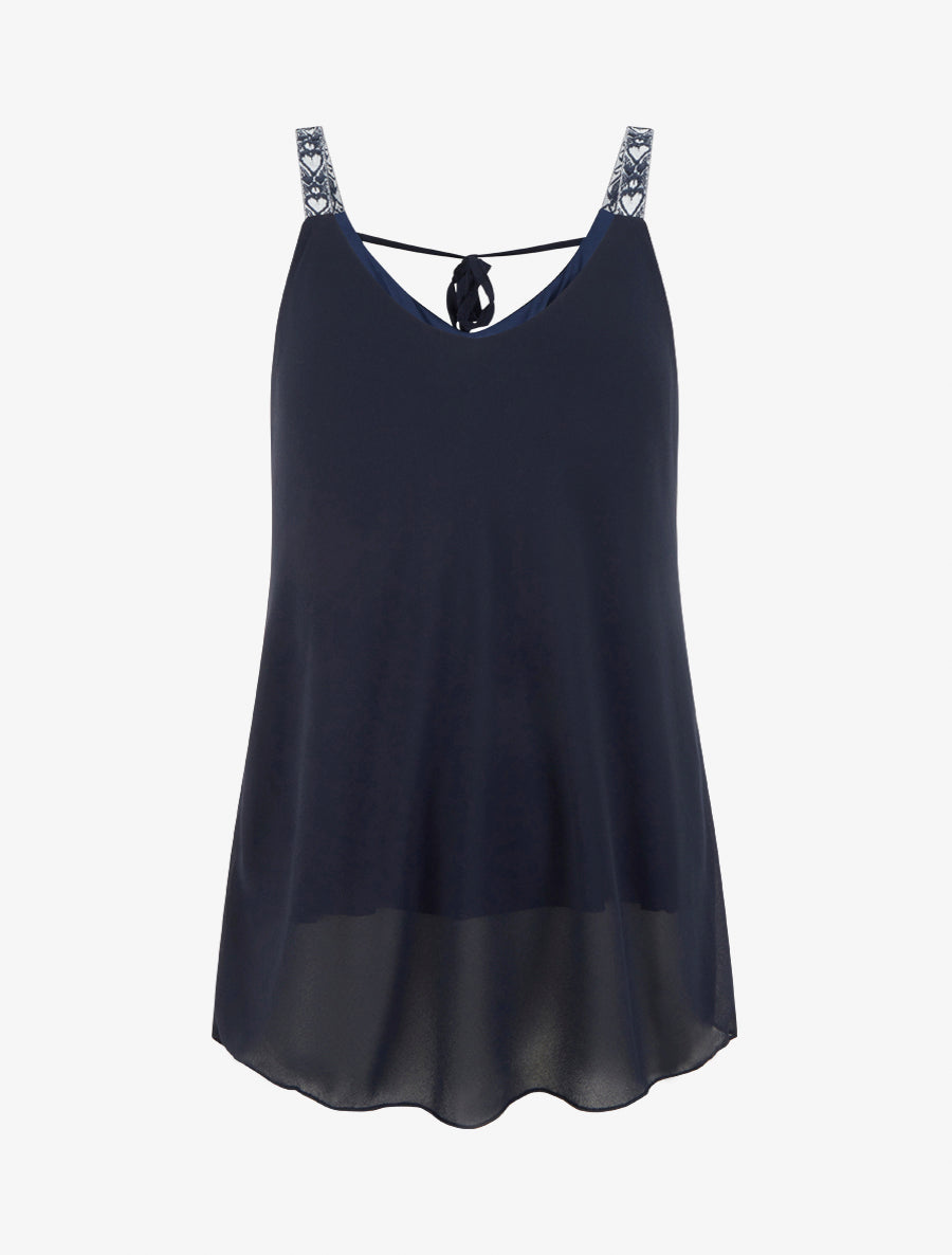 Caraco en voile à bretelles motif coeur - Marine - 1