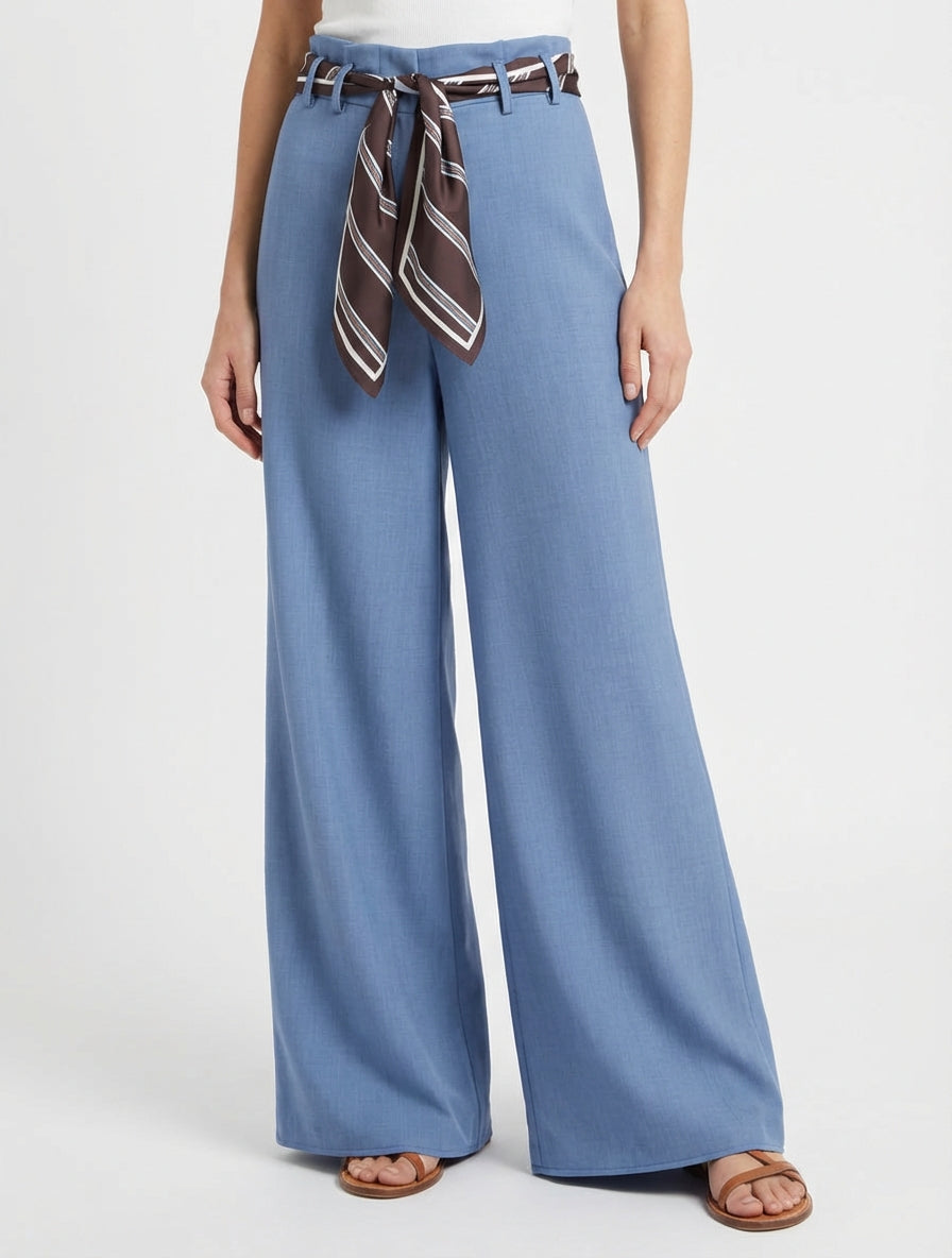 Wijde broek met sjaalstijl riem - Lichtblauw