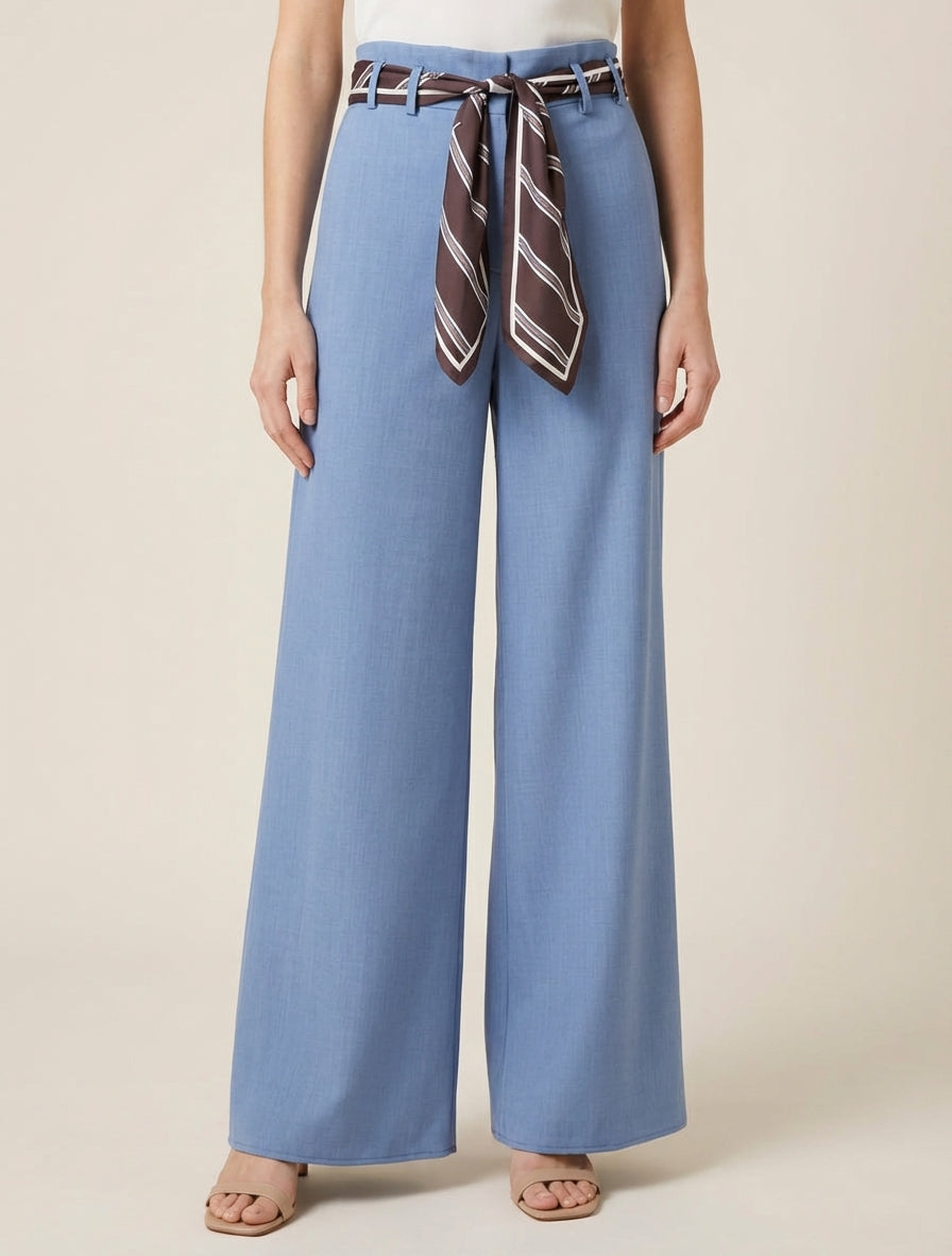 Wijde broek met sjaalstijl riem - Lichtblauw