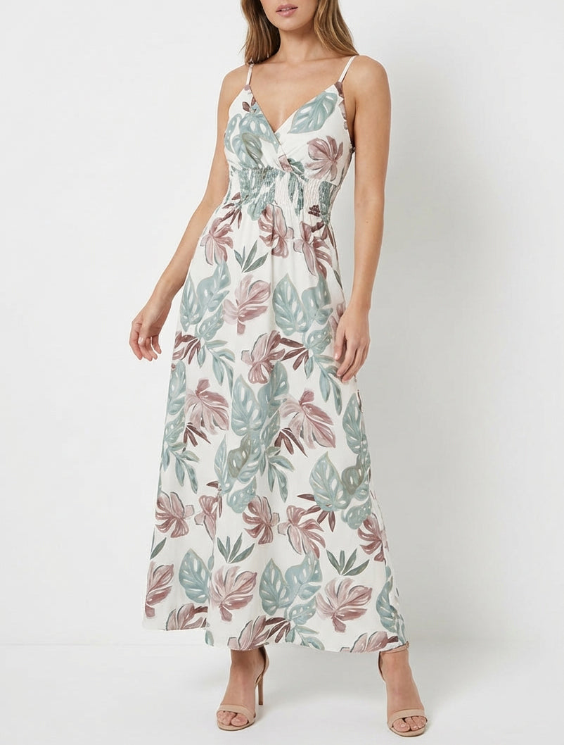 Lange jurk met smalle bandjes en tropische print - Kaki