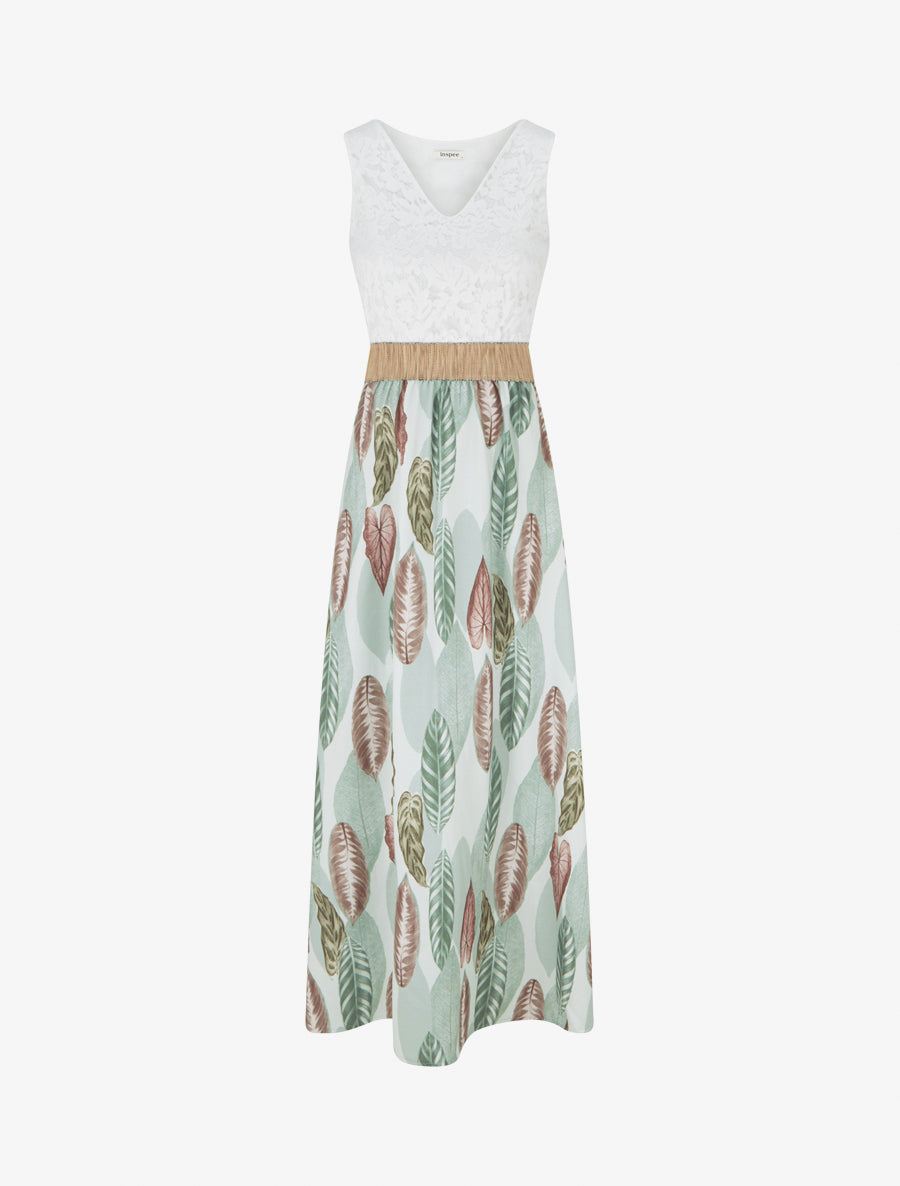 Robe longue à dentelle et imprimé feuilles - Vert amande - 1