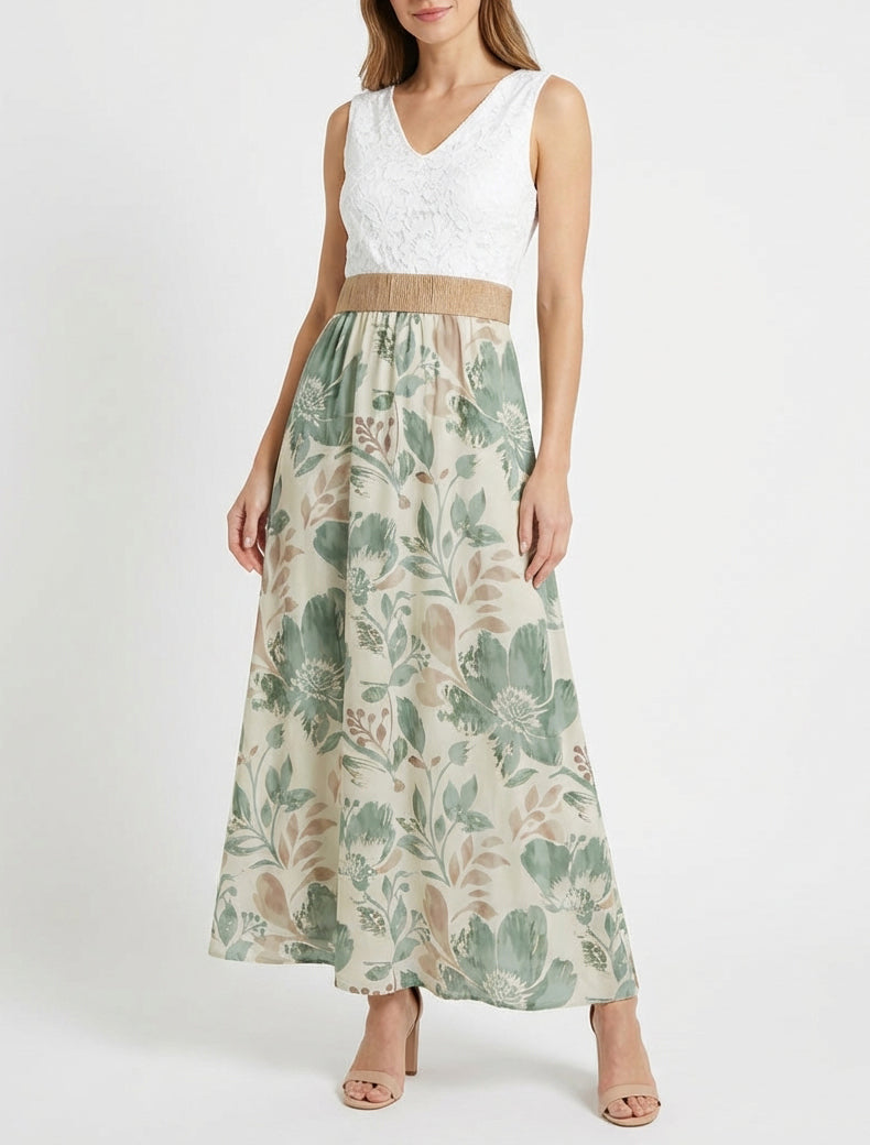 Lange jurk met kant en bloemenprint - Licht kaki