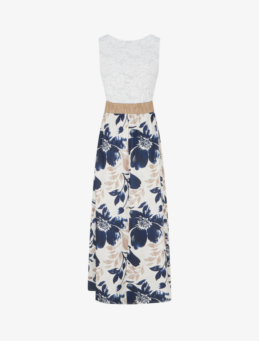 Robe longue à dentelle et imprimé floral - Marine - 2