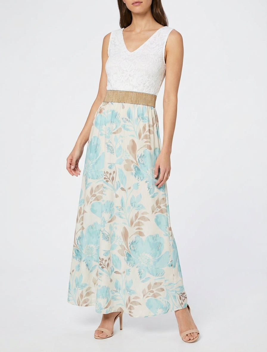 Lange jurk met kant en bloemenprint - Watergroen