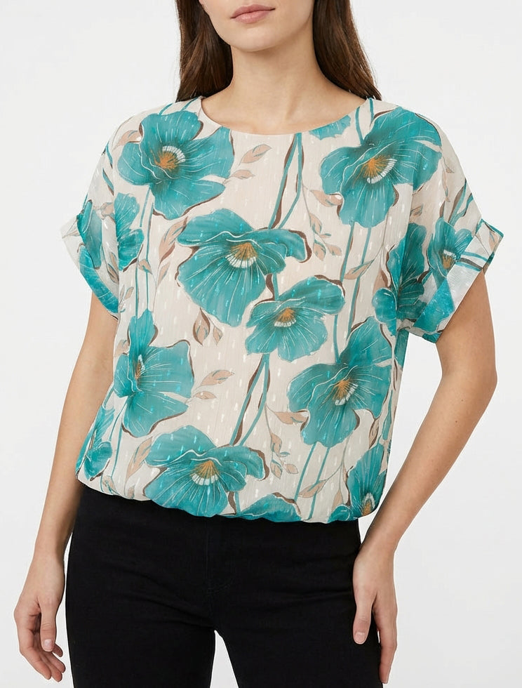 Kortebloemenprinttop met korte mouwen - Turkoois