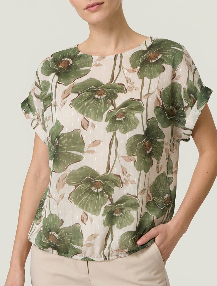 Kortebloemenprinttop met korte mouwen - Kaki