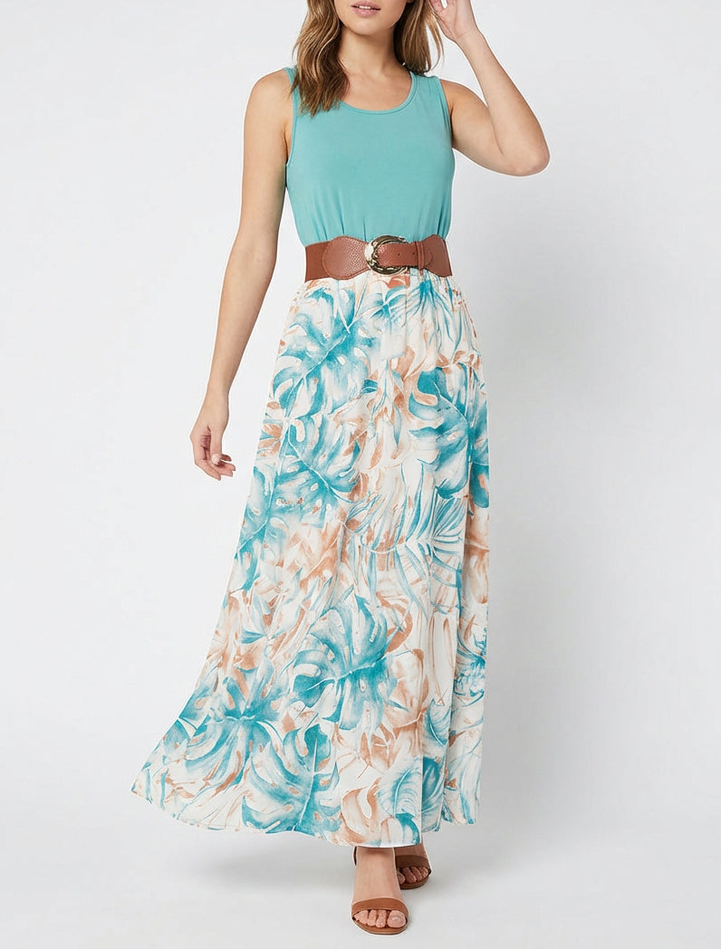 Lange jurk met bladprint rok - Turkoois