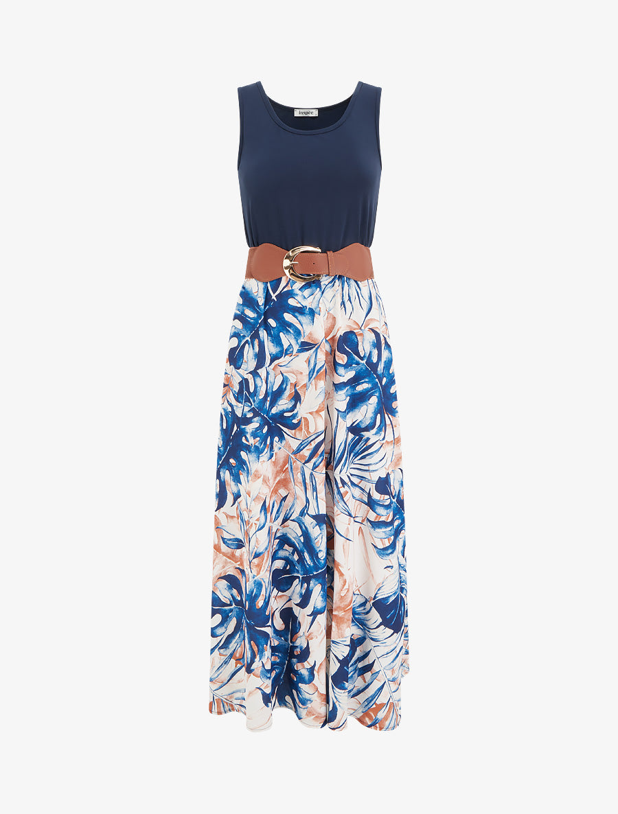 Robe longue à jupe imprimé feuillage - Marine - 1