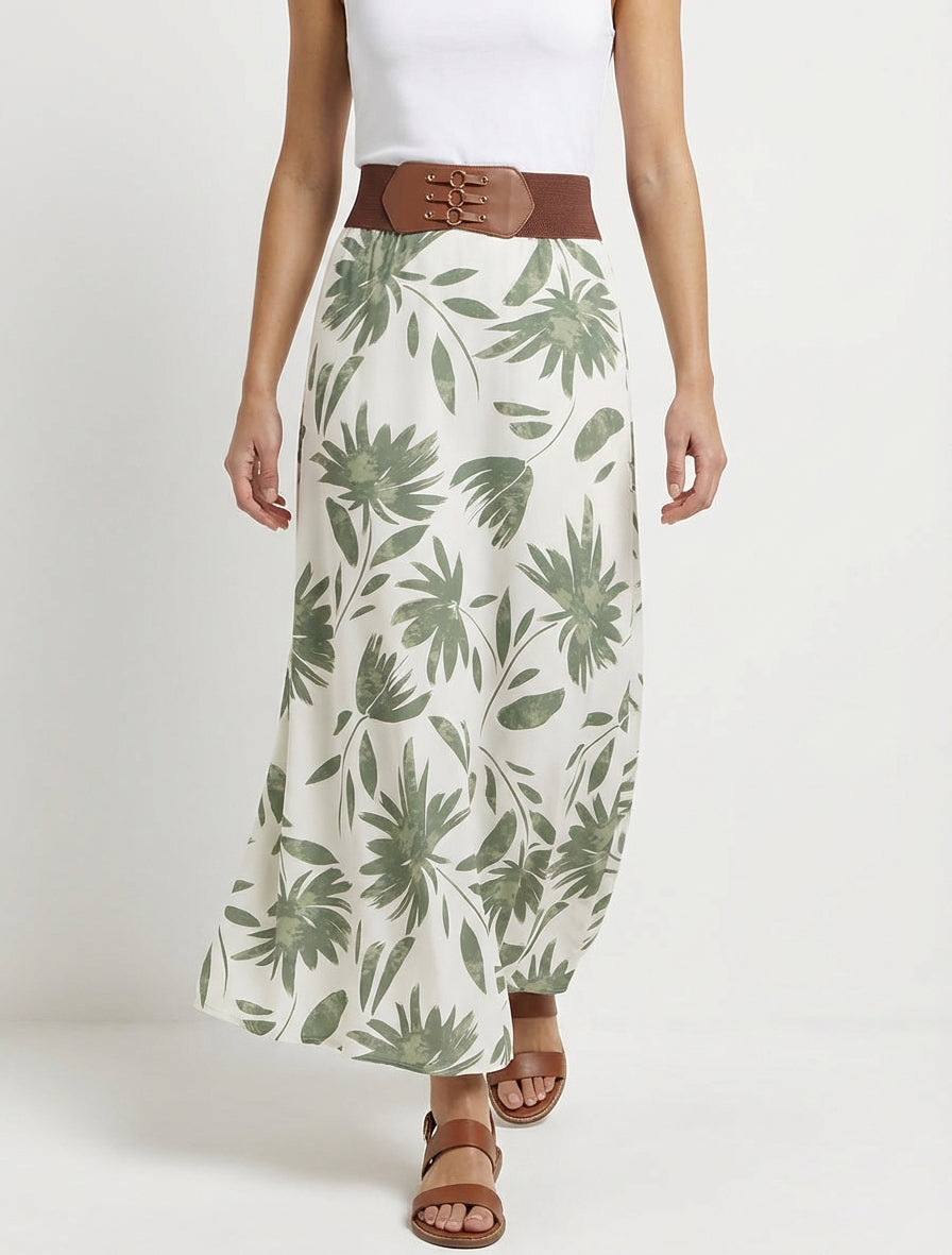 Lange rok met bloemenprint en fantasietaille. - Kaki