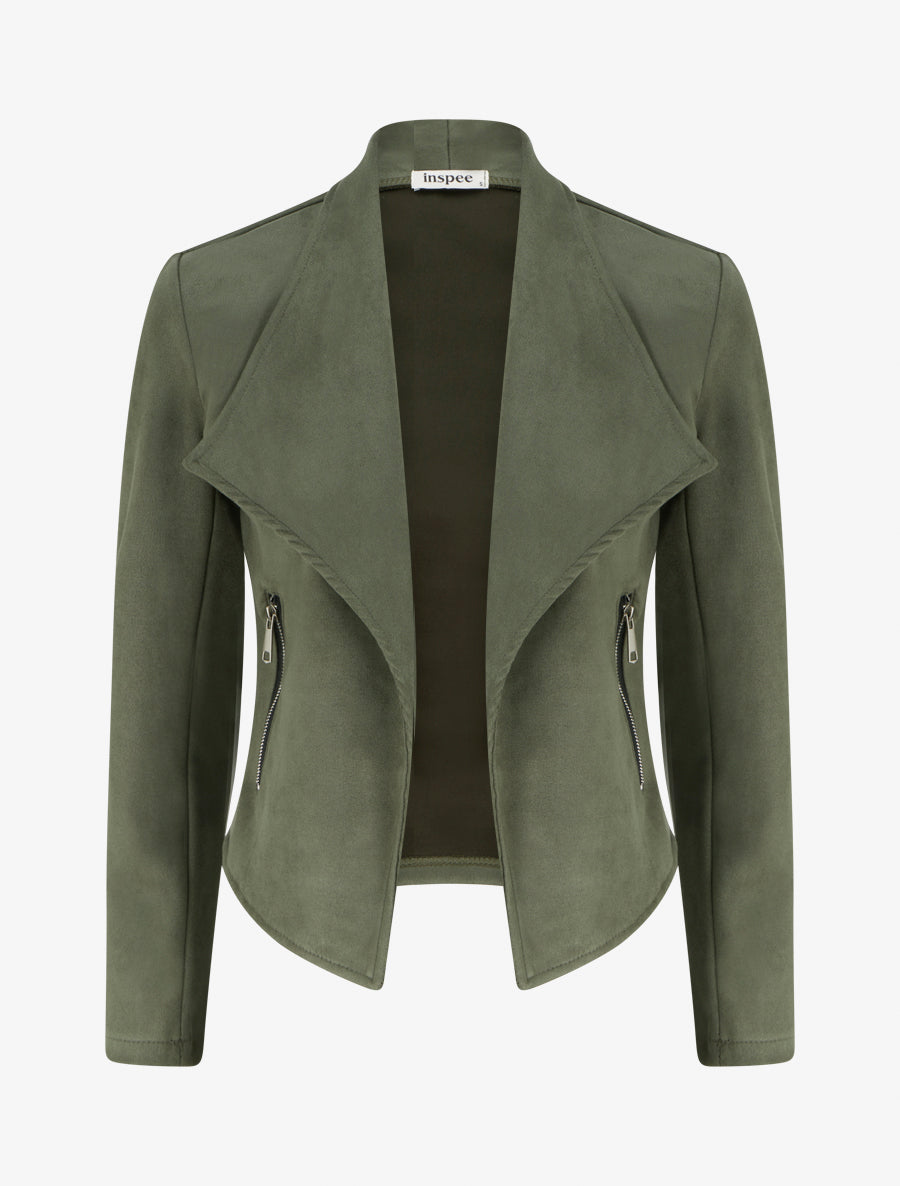 Veste en suédine à poches décoratives zippées - Kaki - 1