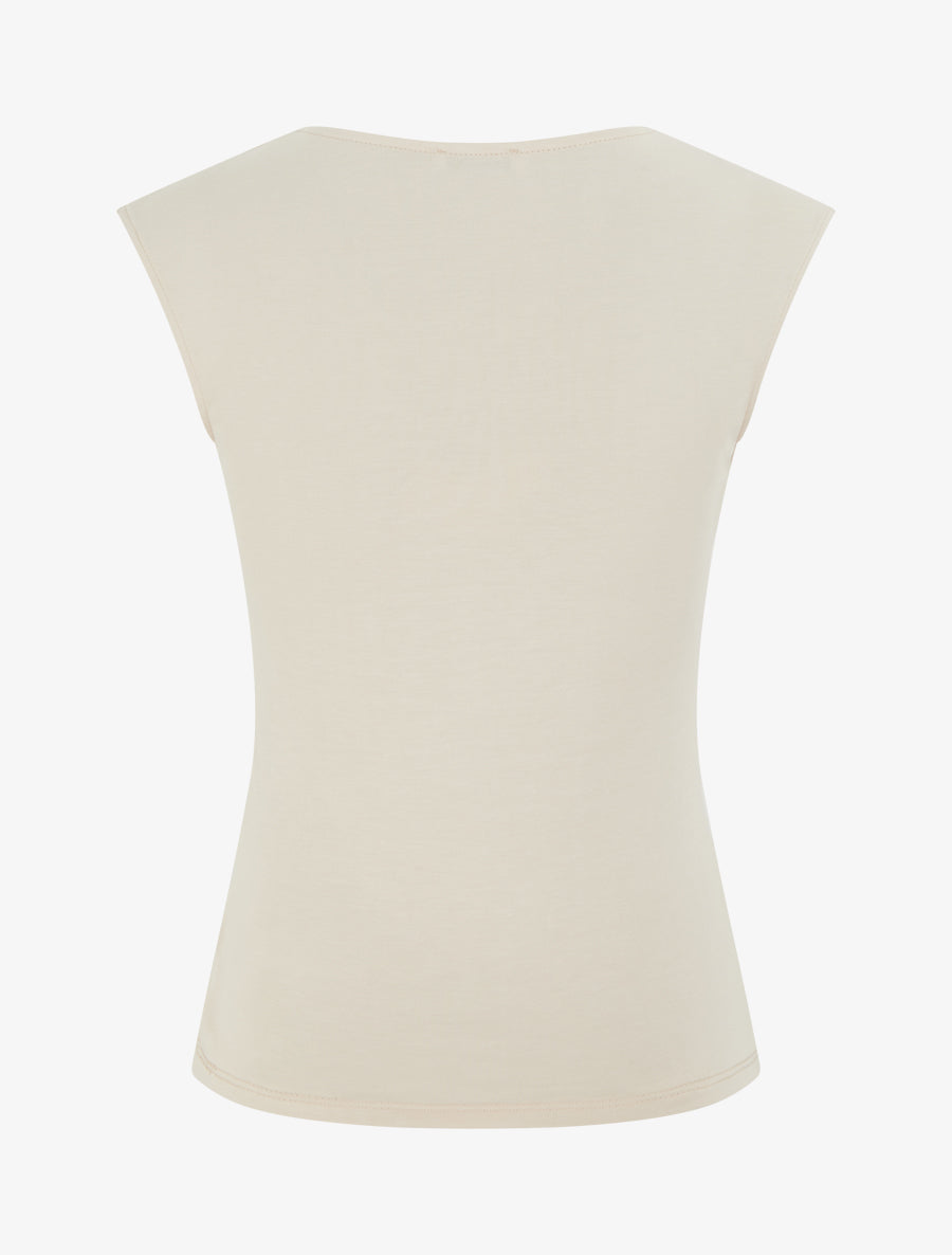 Top uni à col rond et empiècement bijou - Beige - 2