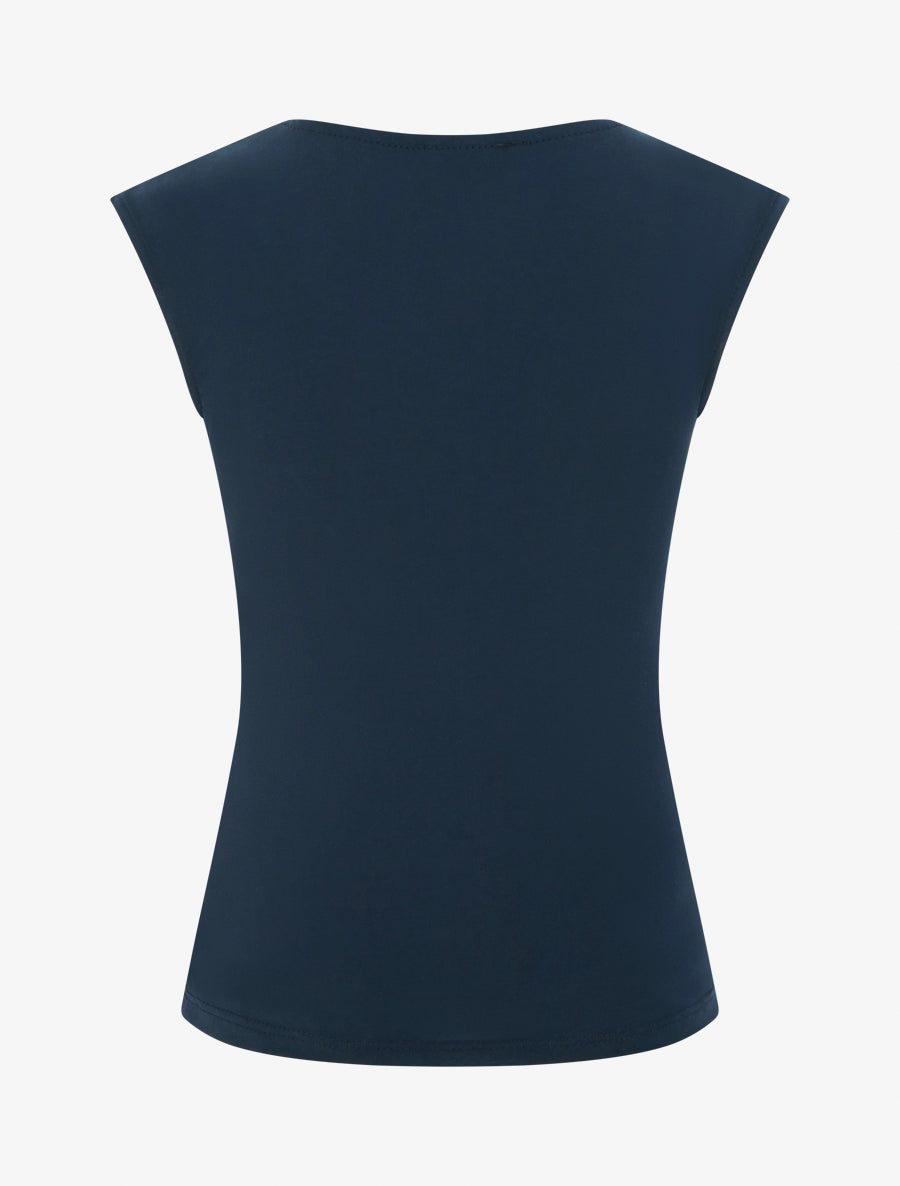 Top uni à col rond et empiècement bijou - Marine - 2