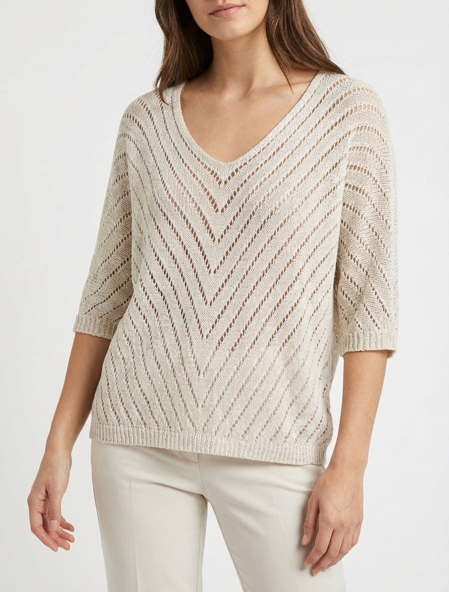 Lichte gebreide trui met V-hals - Beige