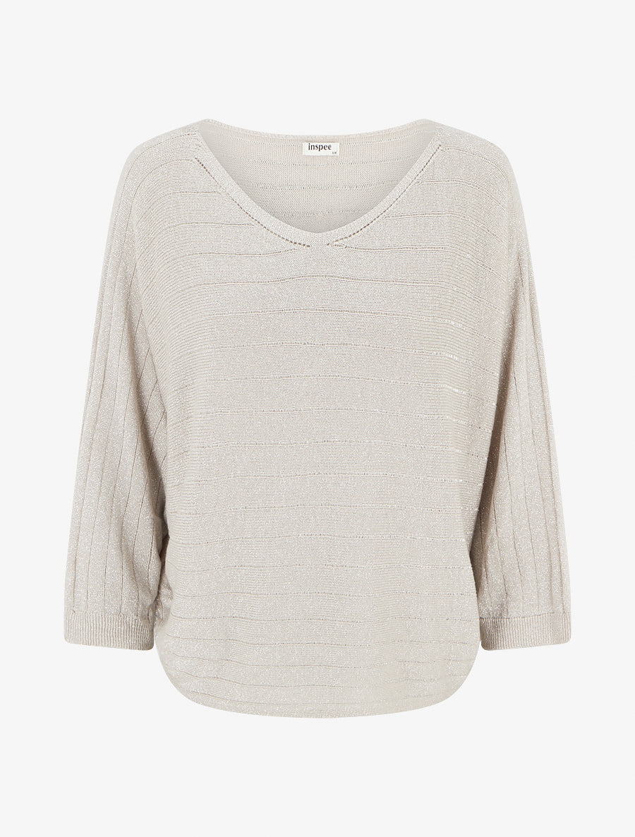 Pull fin irisé à manches chauves-souris - Beige - 1