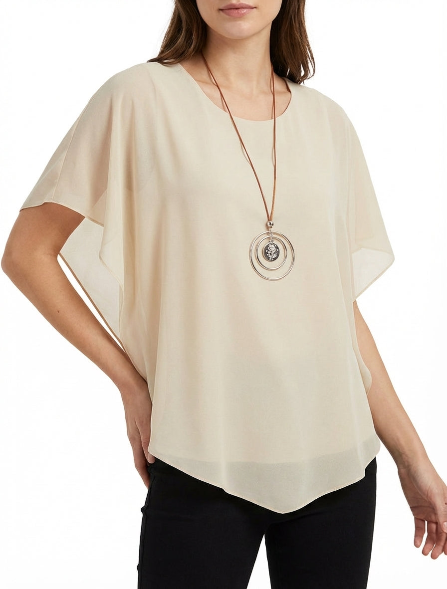 Vloeiende top van voile met rechte snit - Beige