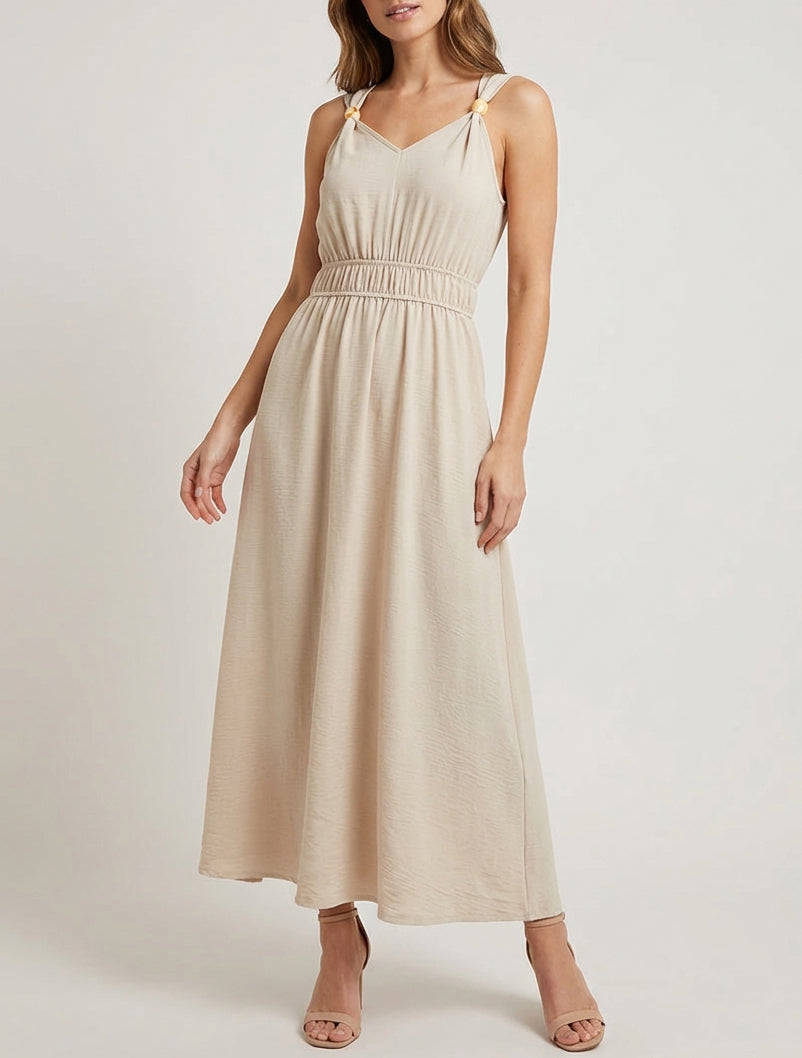 Effen jurk met inzetstuk van houten kralen - Beige