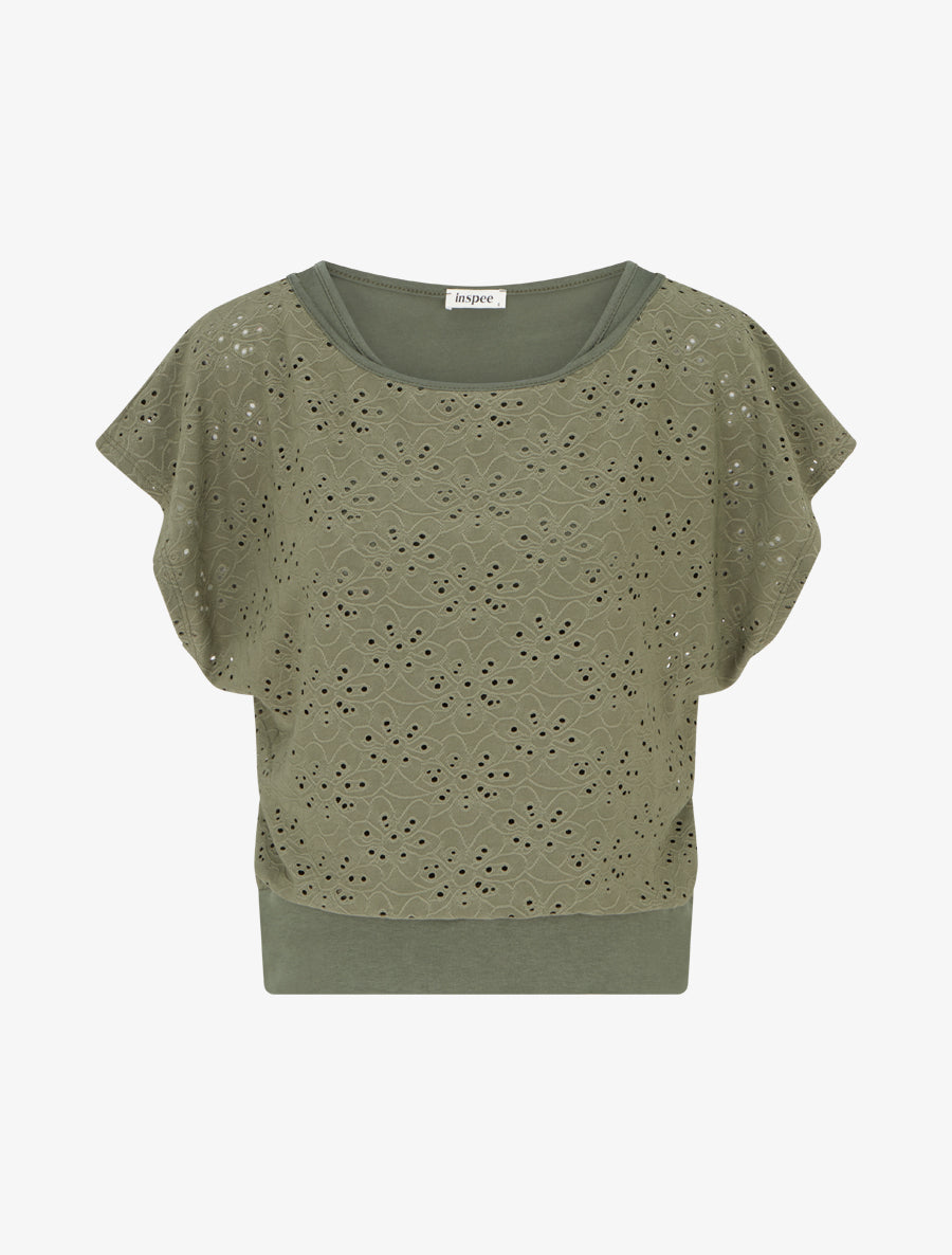 Top uni ajouré à manches courtes - Kaki - 1