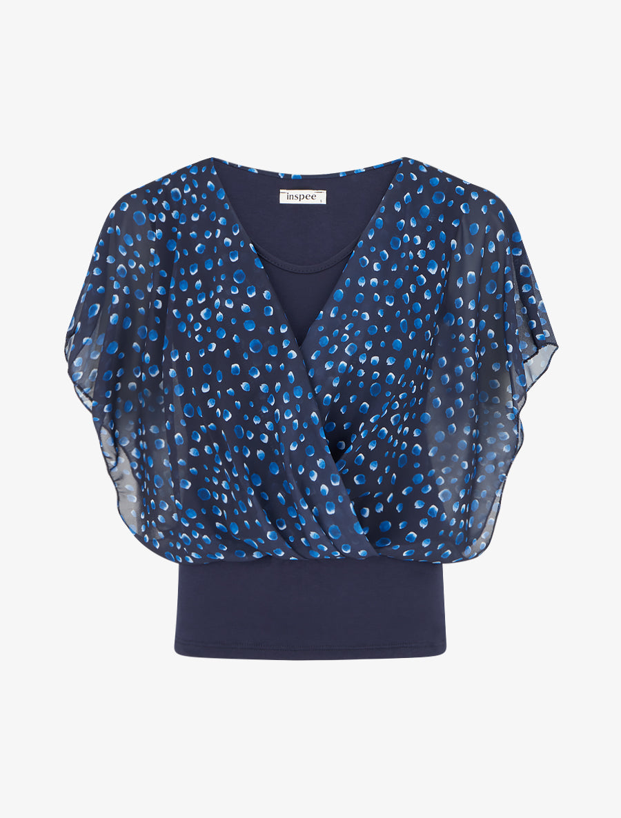 Top imprimé petits ronds à manches volantées - Marine - 1