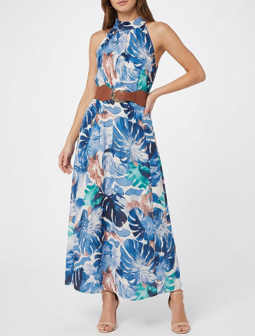 Mouwloze lange jurk met tropische print - Marine