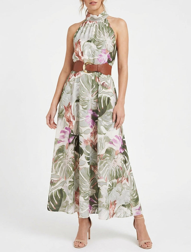 Mouwloze lange jurk met tropische print - Kaki