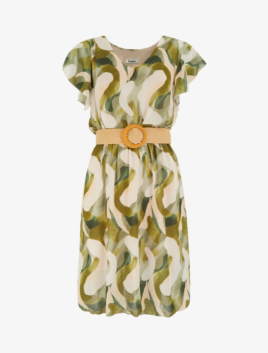 Robe à mancherons volantés imprimé fantaisie - Kaki - 1
