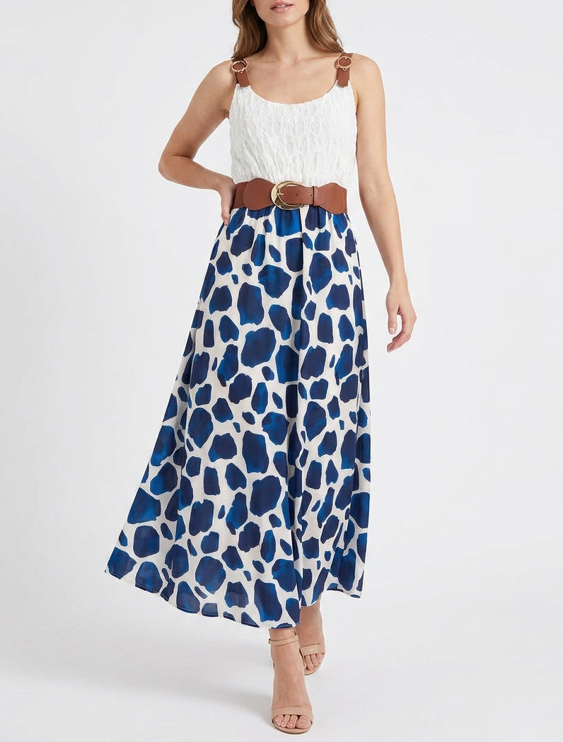 Lange jurk met giraffenprint en imitatieriemen - Marine