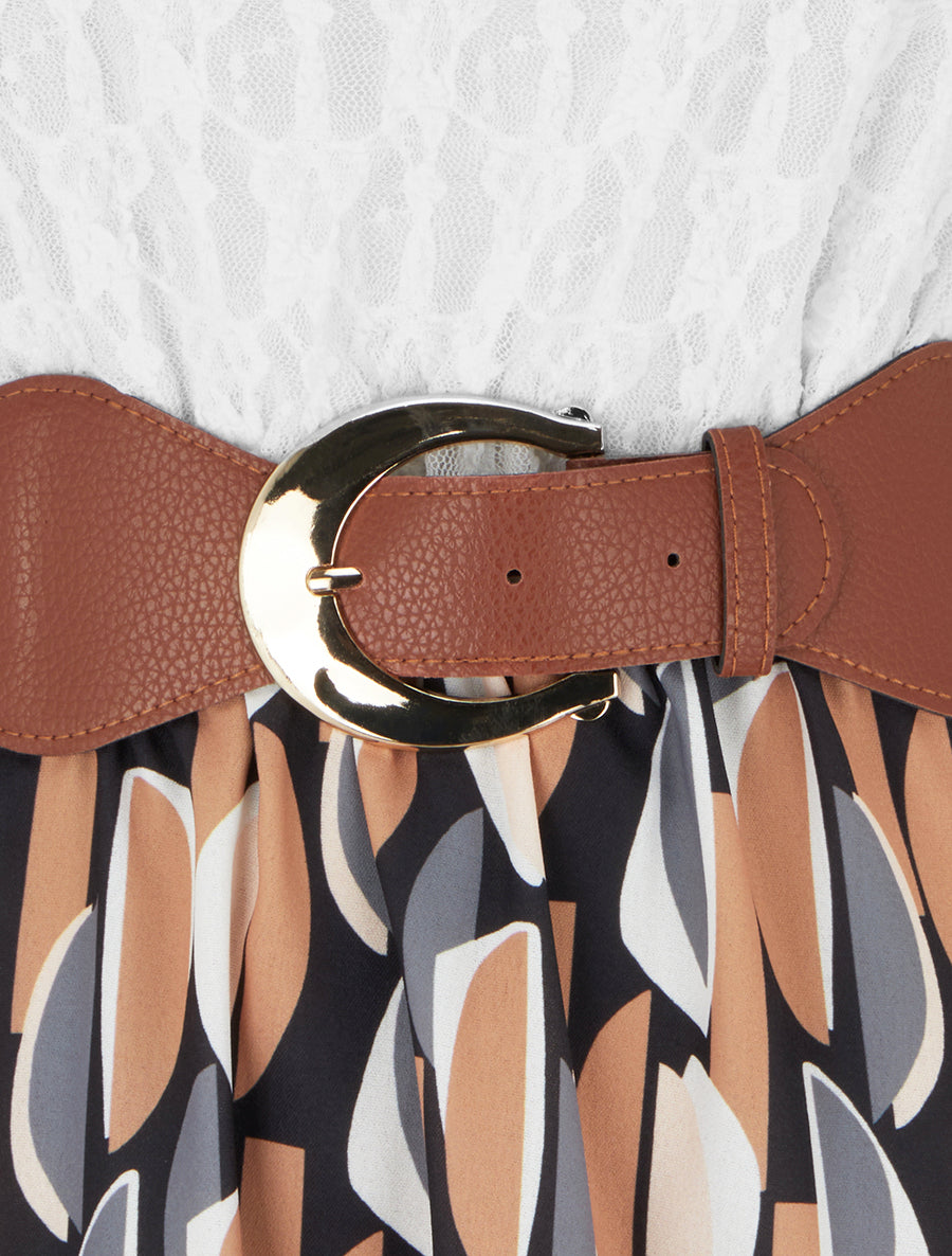 Robe mi-longue imprimé graphique et bretelles simili - Noir - 3