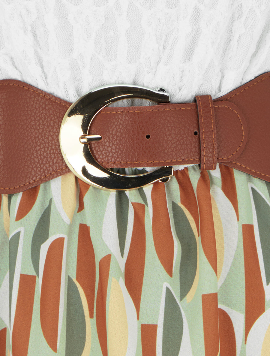 Robe mi-longue imprimé graphique et bretelles simili - Kaki - 3