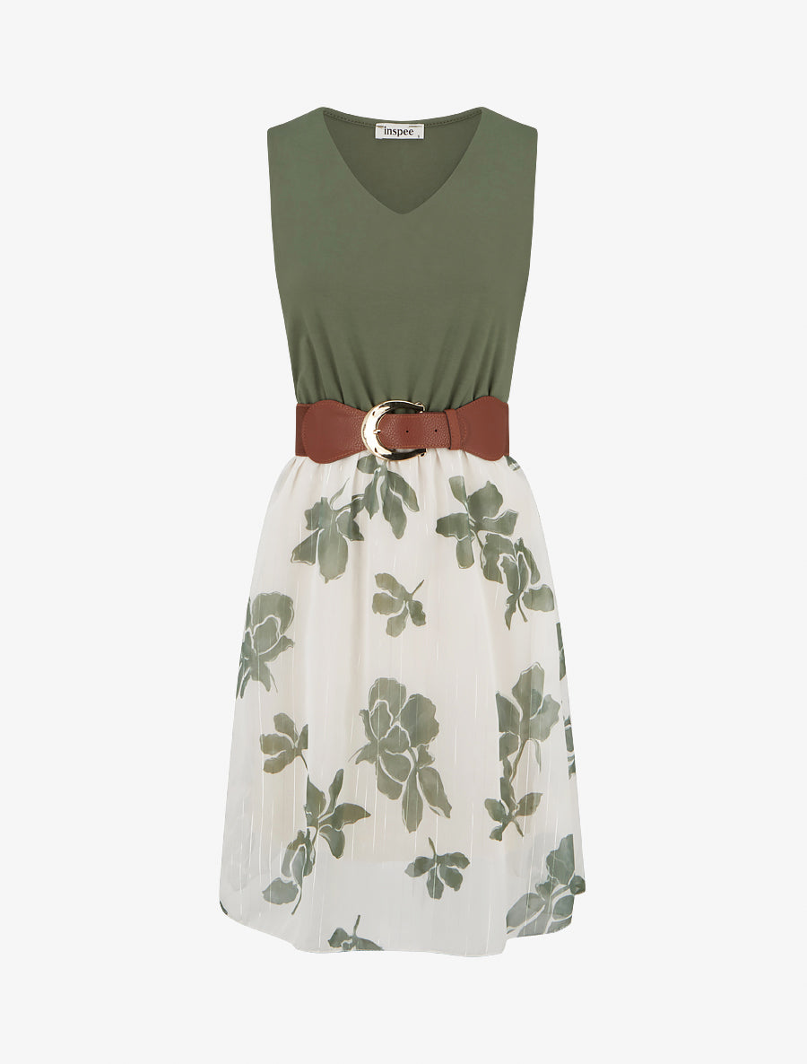 Robe coupe évasée imprimé floral - Kaki - 1