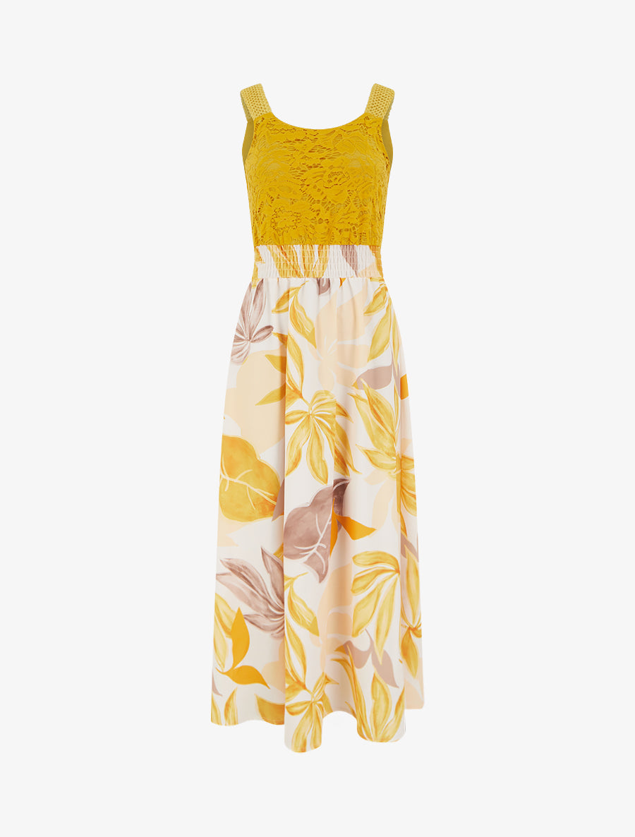 Robe imprimé fantaisie à bretelles en crochet - Jaune moutarde - 1