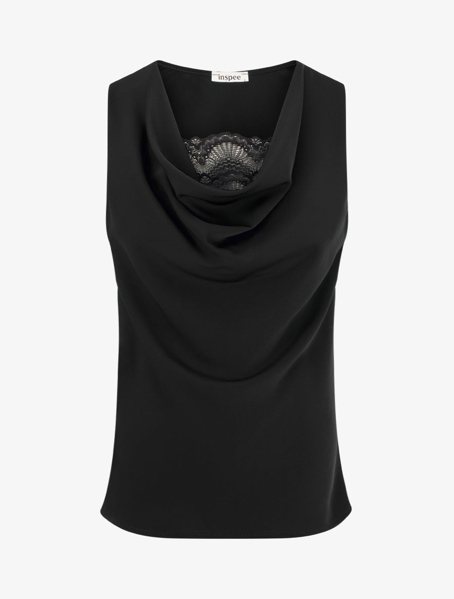 Top sans manches à col bénitier et dentelle - Noir - 1