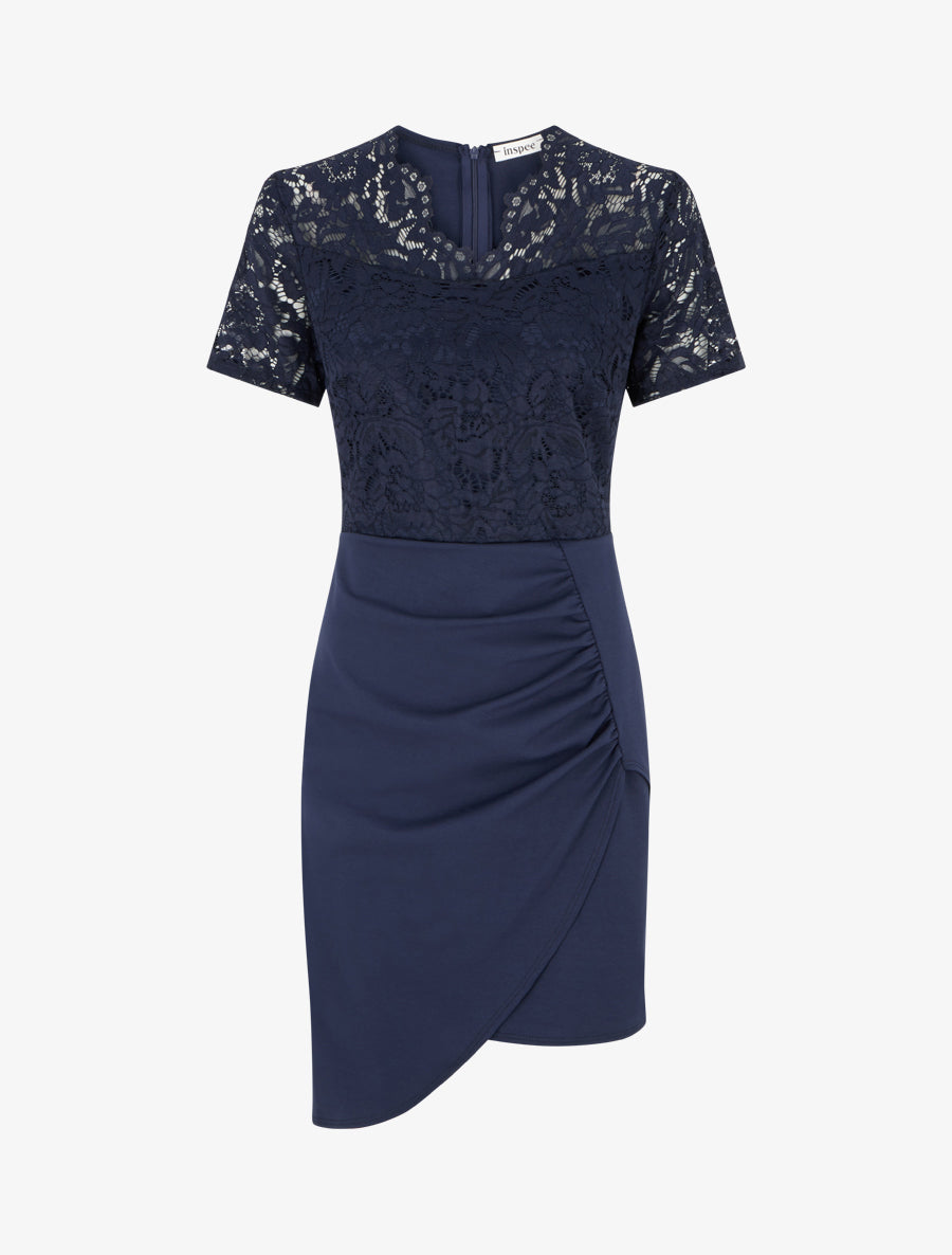 Robe ajustée à manches courtes et dentelle - Marine - 1