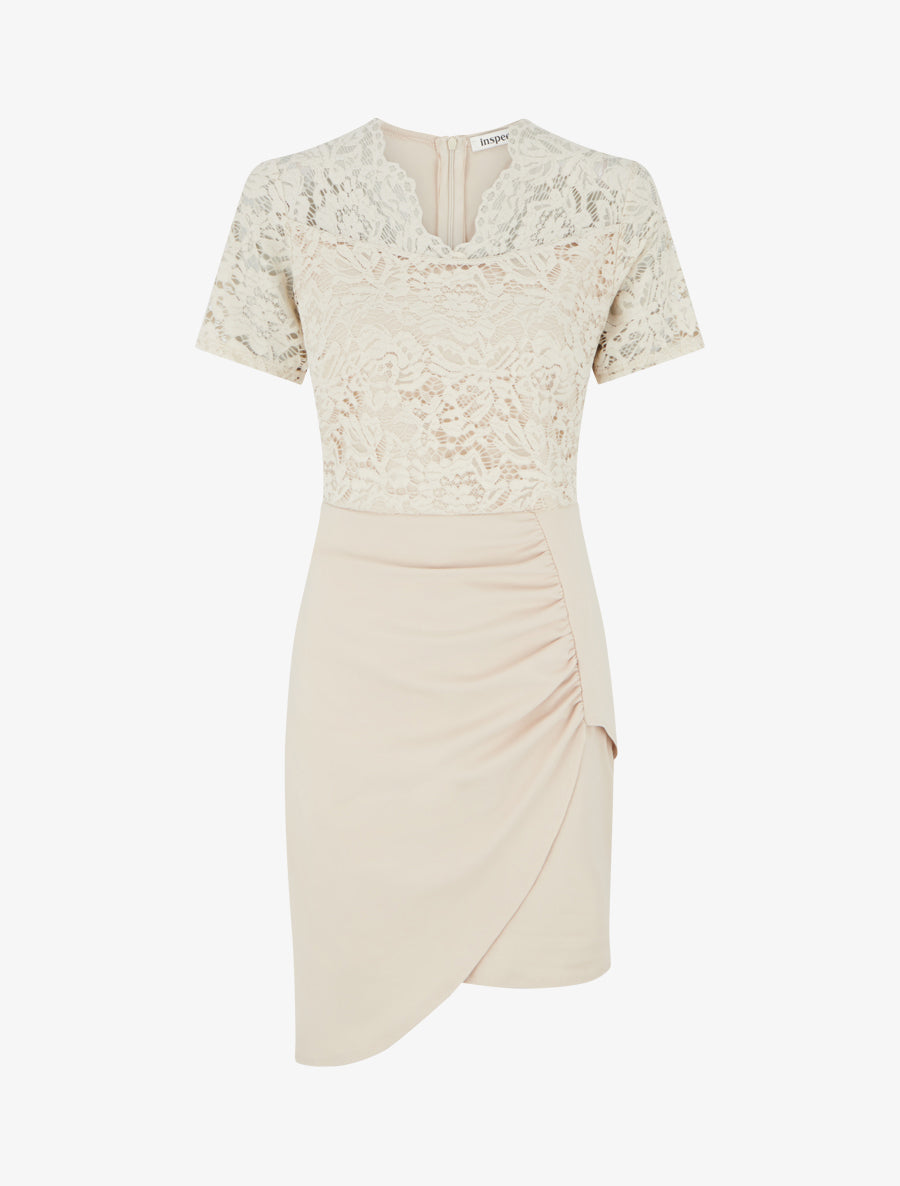 Robe ajustée à manches courtes et dentelle - Beige - 1