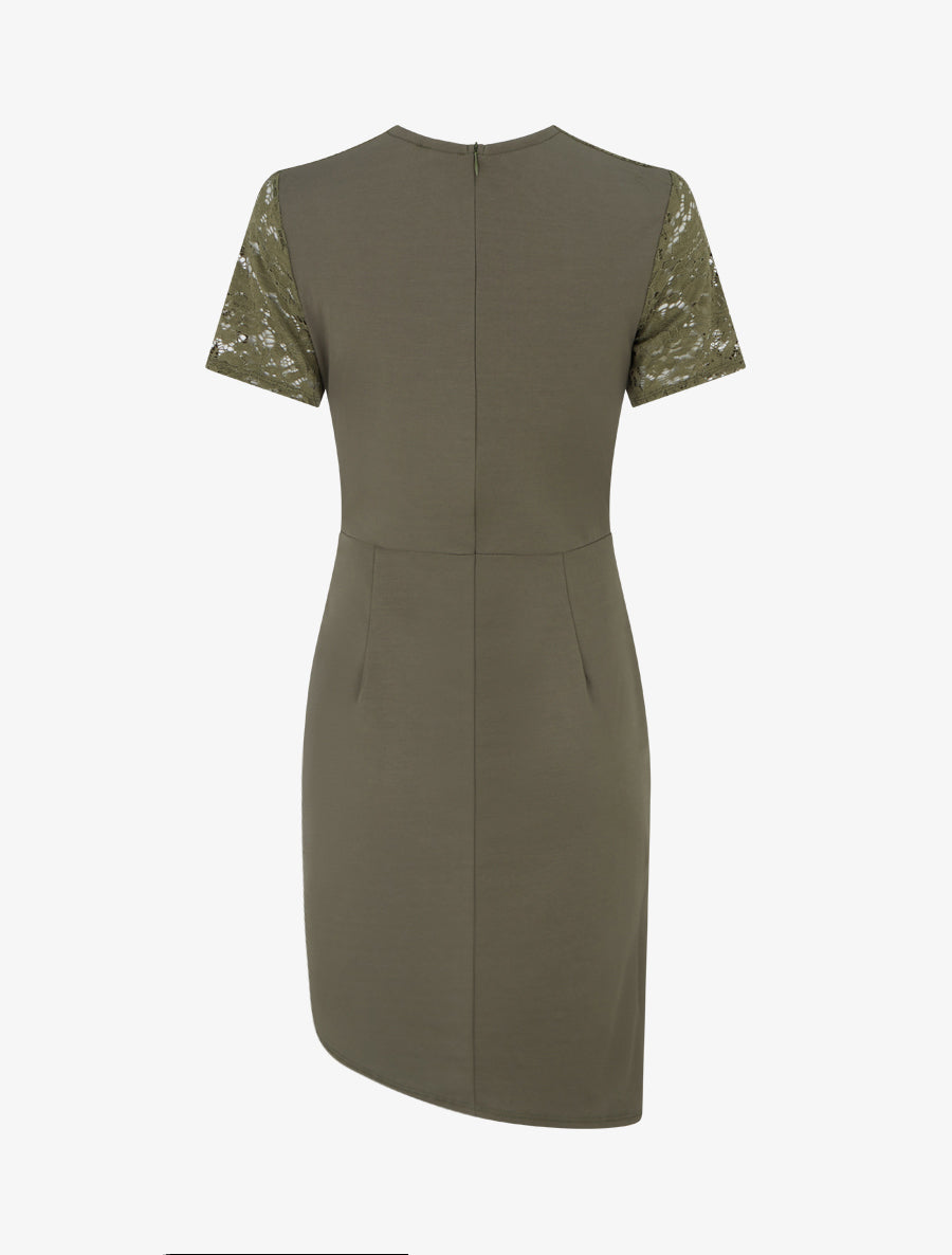 Robe ajustée à manches courtes et dentelle - Kaki - 2