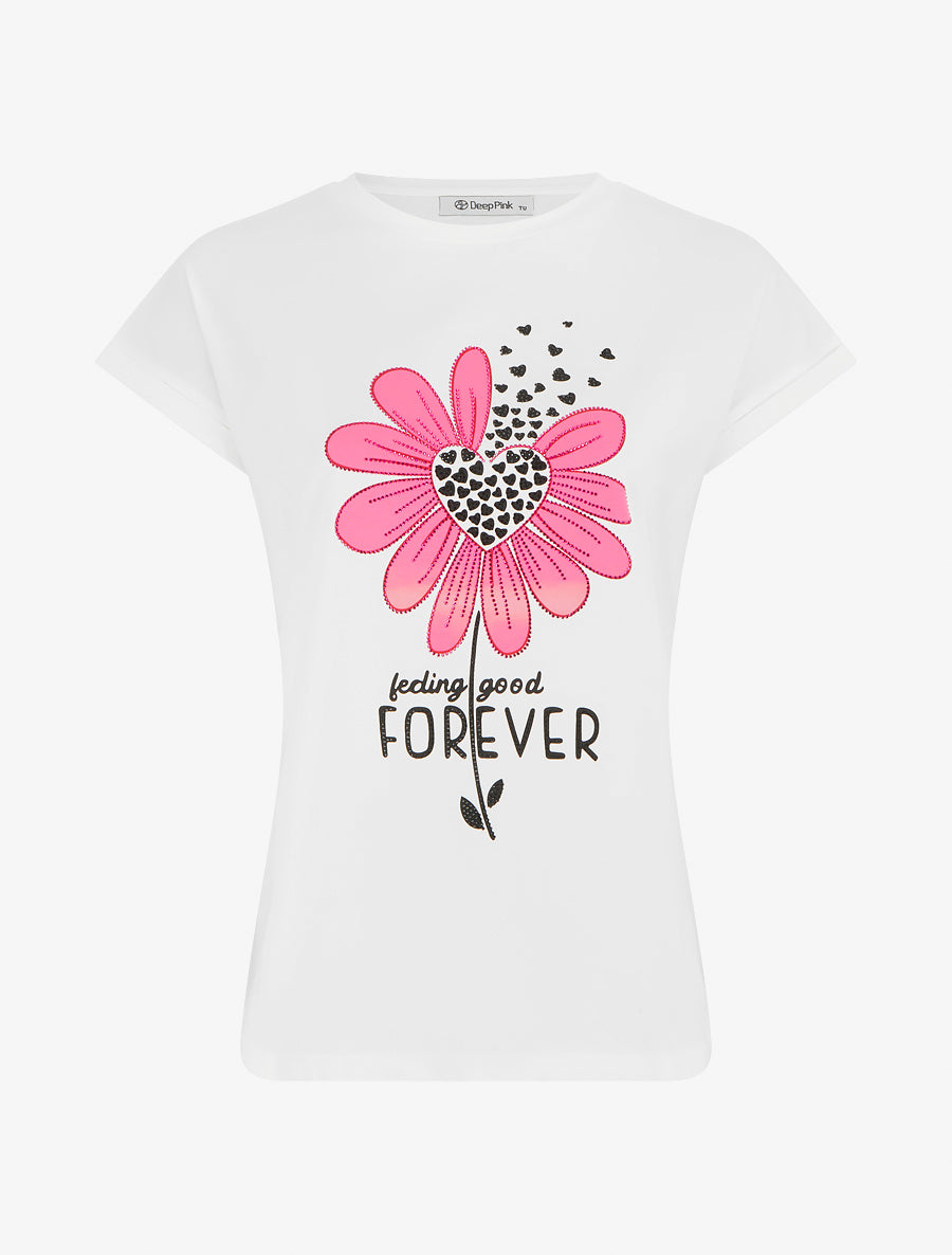 T-shirt met strass en bloemenflock. - Wit