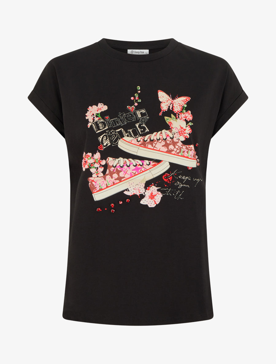 T-shirt motif baskets et papillons - Noir - 1