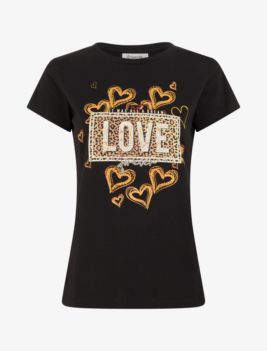 T-shirt à message et motif fleurs strassés - Noir - 1