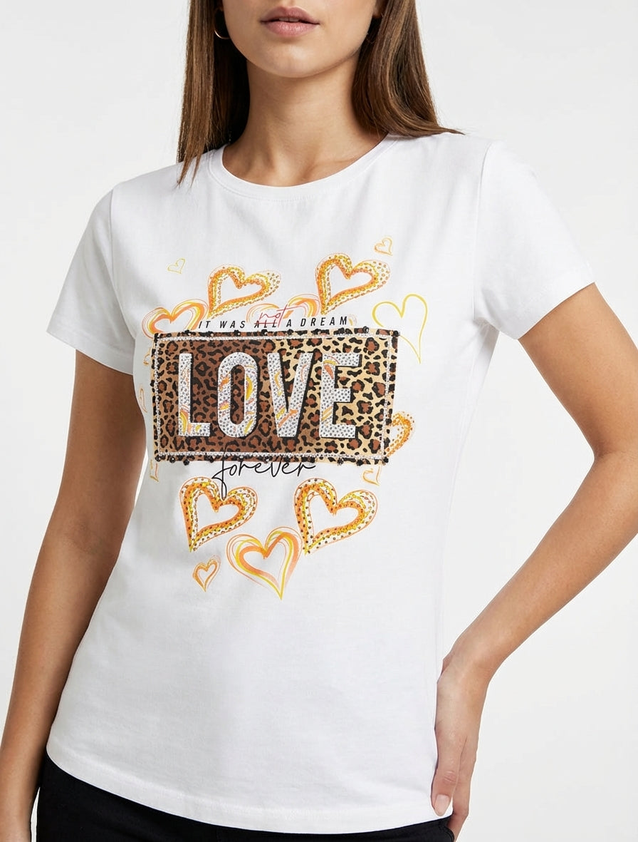 T-shirt met boodschap en met bloemenpatroon met strass-steentjes. - Wit