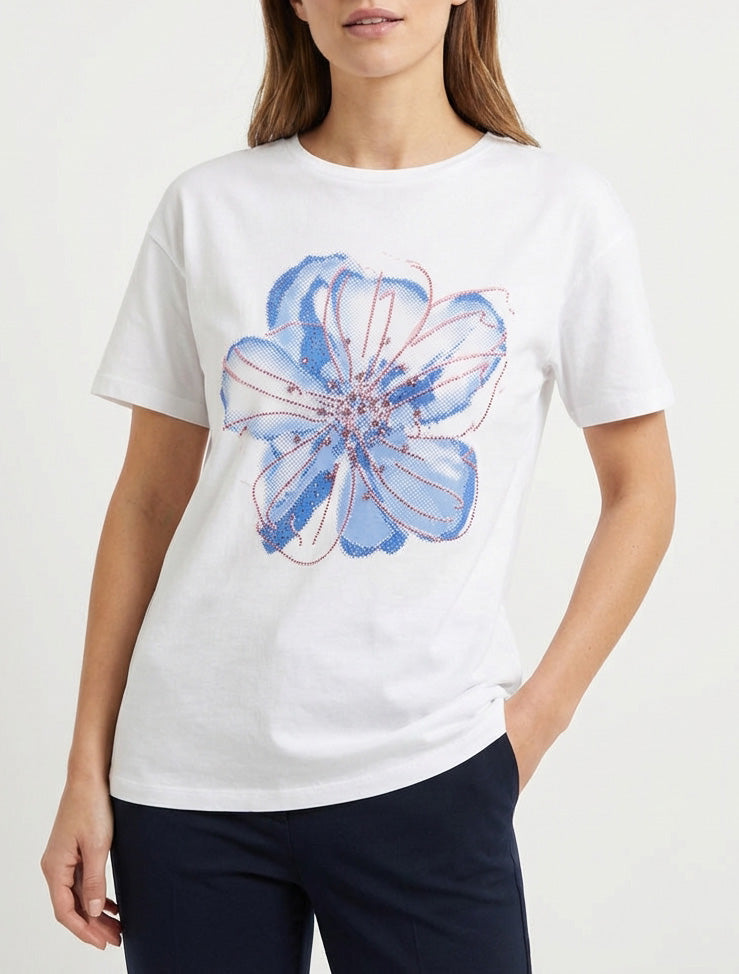 T-shirt met bloemenmotief en strass. - Wit