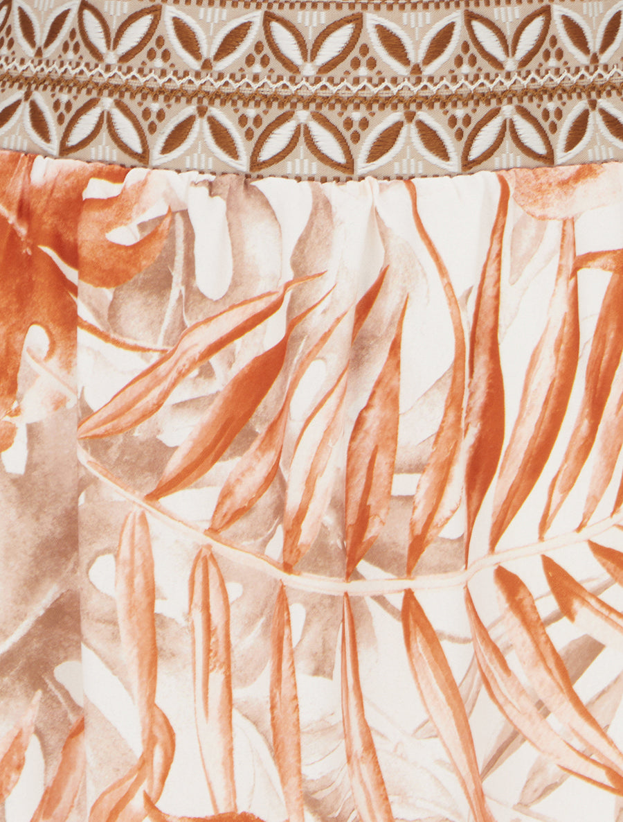 Jupe fluide longue à imprimé feuilles stylisées - Camel - 3