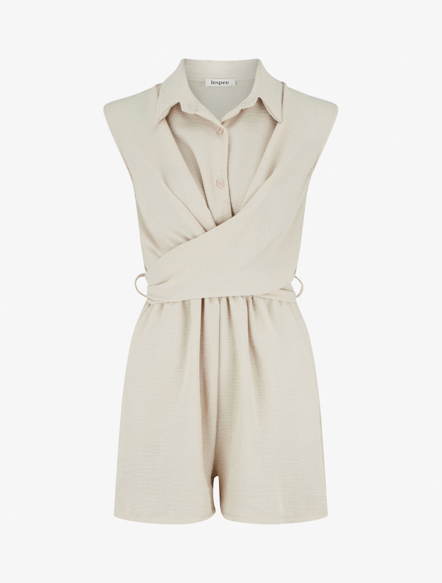 Combishort sans manches à pans croisés - Beige - 1