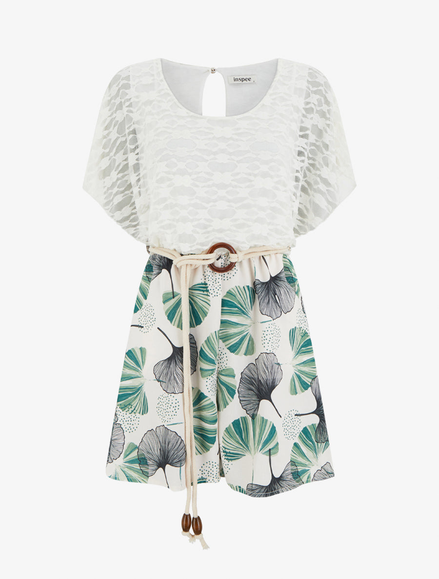 Combishort imprimé ginko à buste en dentelle - Vert - 1
