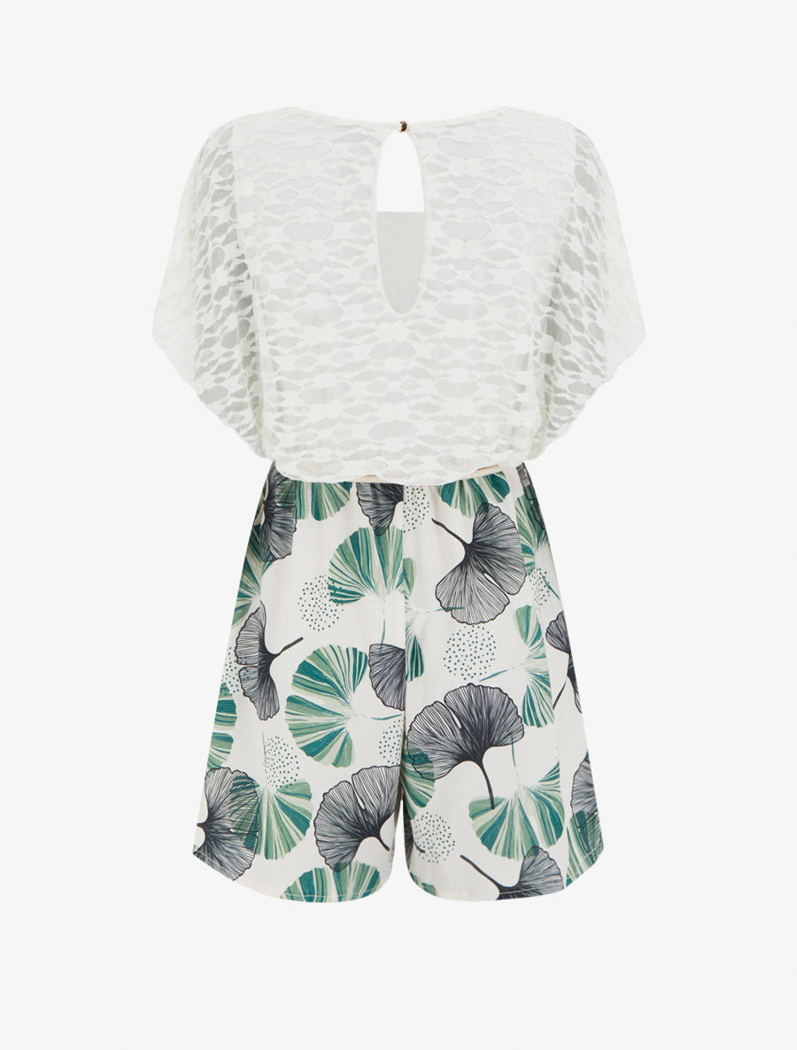 Combishort imprimé ginko à buste en dentelle - Vert - 2
