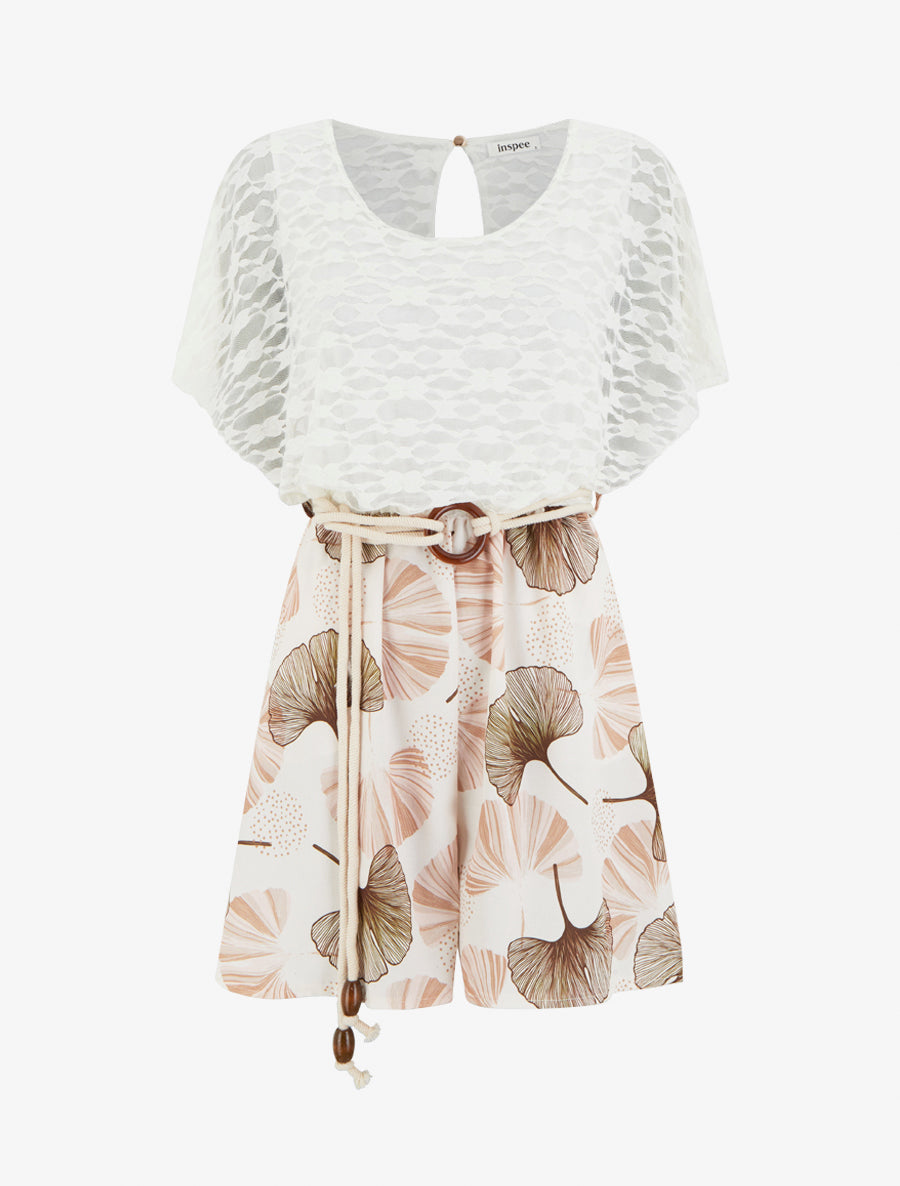 Combishort imprimé ginko à buste en dentelle - Camel - 1