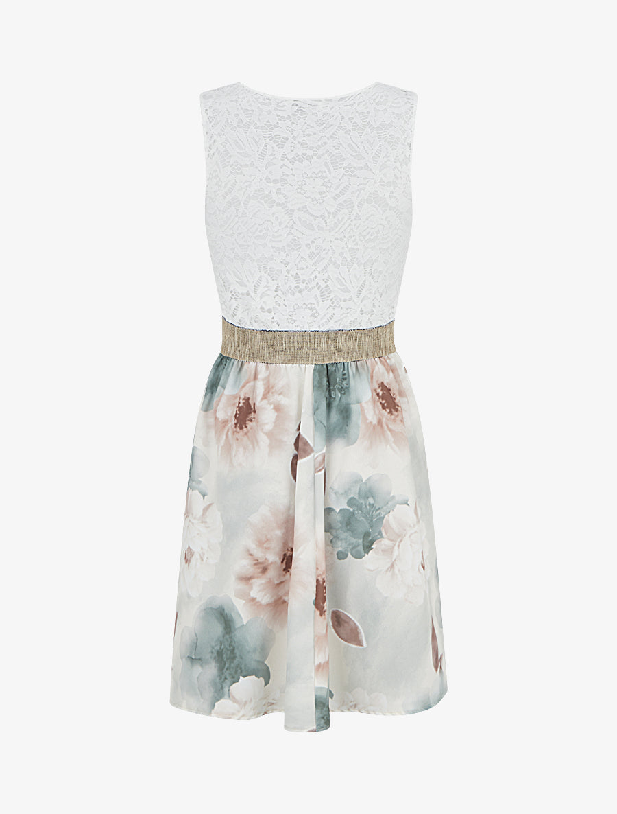 Robe mi-longue à dentelle et imprimé aquarelle - Kaki - 2