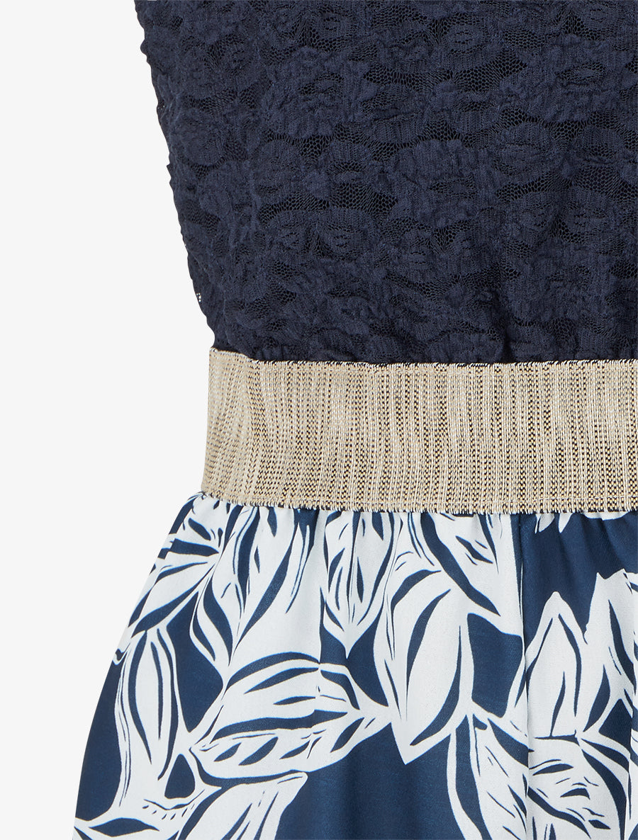 Combishort imprimé floral à buste en dentelle - Marine - 3