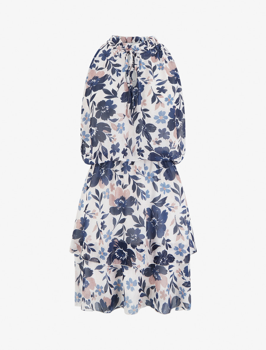 Robe imprimé fleuri à taille élastiquée - Marine - 1
